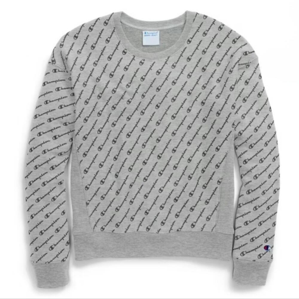 CHAMPION Reverse Weave Gray All Over Logo Fleece Lined Crewneck Sweatshirt Sz L